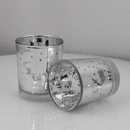 Silver Votive Tealight Candle Holders 12PCS Christmas Candle Holders with Carved Reindeer for Xmas Table Centerpiece Decoration