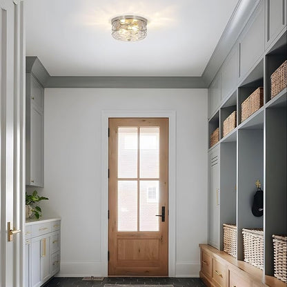 LamQee 9.8" Small Flush Mount Ceiling Light With Clear Hammered Glass, Brushed Nickel Hallway Light Fixtures Ceiling Mount for Bathroom, 2-Lights Farmhouse Close To Ceiling Light Kitchen Foyer Bedroom