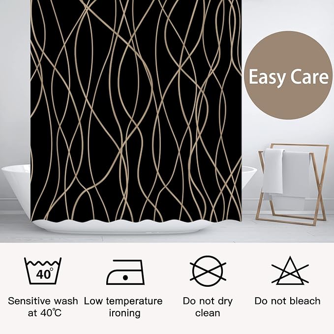 Punkray Black and Brown Striped Wavy Line Polyester Shower Curtain for Bathroom with Hooks, Weighted Hem, Waterproof Bath Accessories Hotel Style, 72 x 72