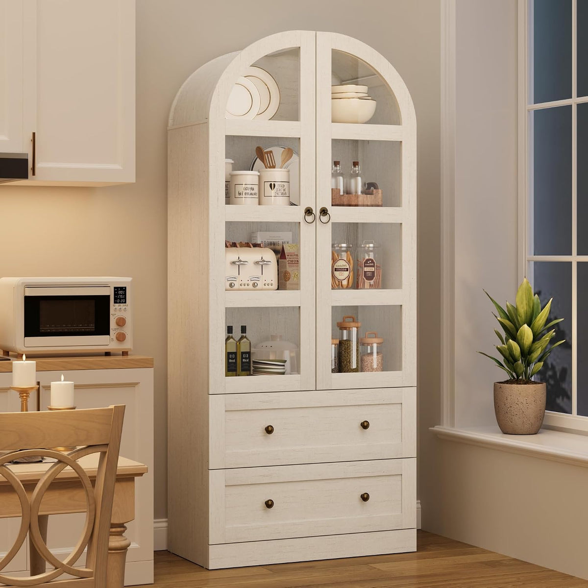 72" Tall Arched Kitchen Pantry Cabinet,Wood Arched Bookshelf with 2 Doors, 2 Drawers, Adjustable Shelves,Versatile Sideboard Buffet for Dining & Living Room,White
