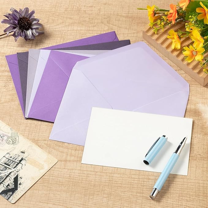 50 Pack Colored A6 Invitation Envelopes 4x6 with Gold Stickers for Cards and Invitations, 5 Colors (Purple, 6 1/2 x 4 3/4 inches)