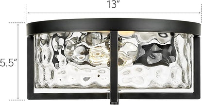 Modern Flush Mount Ceiling Light, 13" D 2-Light Industrial Close to Ceiling Lights, Hammered Glass Ceiling Light,Flush Ceiling Light for Hallway, Kitchen, Bathroom, Dining Room (Black,)