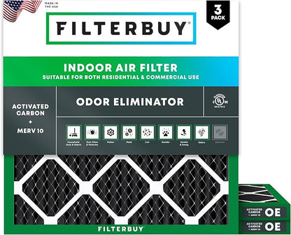 Filterbuy 16x16x1 Air Filter MERV 10 Odor & Allergy Defense with Activated Carbon (3-Pack), Electrostatic Pleated HVAC AC Furnace Filters Replacement, Made in USA (Actual Size: 15.75 x 15.75 x 0.75)