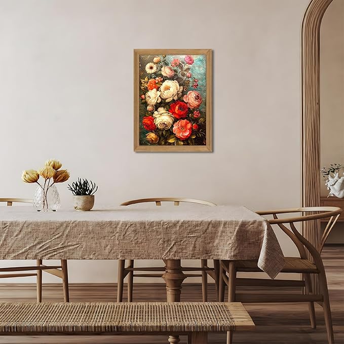 AKWISH Framed Vintage Floral Wall Art - 3D Textured Antique Colorful Flowers Oil - Hand Drawn Painting Classical Botanical Art Wall Decor for Living Room Bedroom Office Decor 12x16in