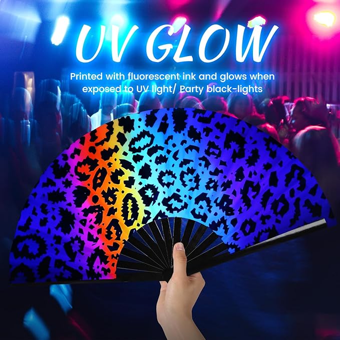 SYNTECSO Folding Hand Fan for Rave, Popping Fan for Line Dancing, Drag Queen, Women and Men Gift，Chinese Japanese UV Glow Clack Fan for Parties, Music Festivals, EDM and Decoration