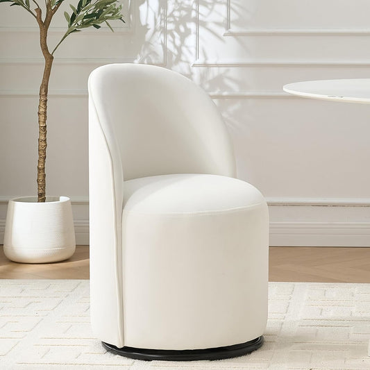 360 Degree Swivel Barrel Chair, Mid Century Modern Round Velvet Dining Chair Comfy Upholstered Accent Chair Makeup Vanity Side Chair for Kitchen & Dining Room Living Room Bedroom (Cream)