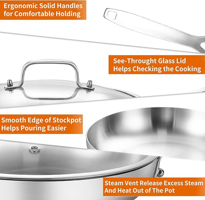 DELARLO Tri-ply Stainless Steel Frying Pan Set with Lid 8" 10" 12" large Skillets Induction Chef's Pan,Pots and Pans Set Kitchen Cookware Frying Pan Set Dishwasher and Oven Safe