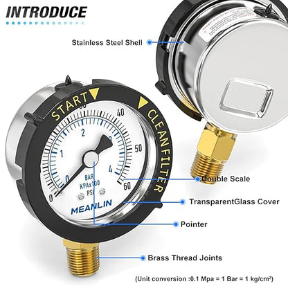 MEANLIN MEASURE 0~60Psi Stainless Steel Start and Clean Filter Pressure Gauge 1/4" NPT Waterproof for Pool Filter Pump Swimming Pool, Spa Lower Mount with Rotatable Plastic Frame and Hex Bushing