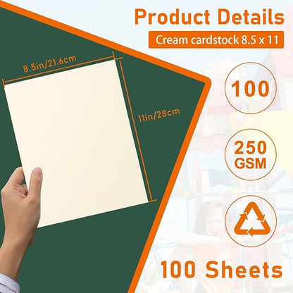 100 Sheets Cream Cardstock 8.5 x 11 Off White Paper, 92lb Premium Ivory Paper Card Stock for Wedding Invitations, School Crafting, Memus, DIY Card Making, Certificate, Business Cards
