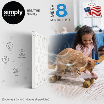 Simply 25x25x1 Air Filter, Merv 8, 4 Pack, For Home AC Furnace & HVAC (Actual Size: 24.75"x24.75"x0.75") DUST, Pet, & Allergy Control