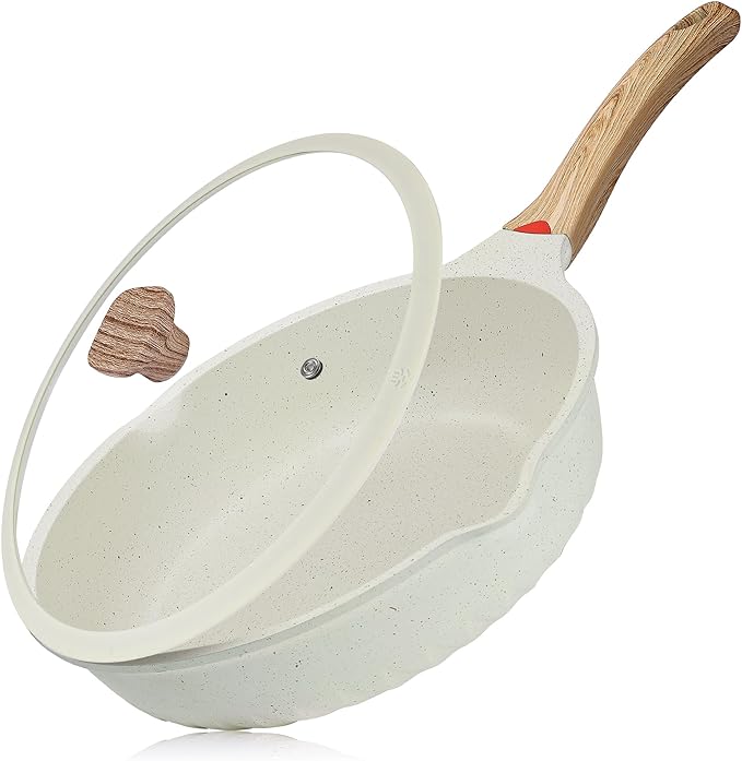 Vinchef Nonstick Deep Frying Pan, Saute Pan with Lid, 11"/5Qt, German 3C+ Ceramic Coating, Induction Compatible, White Color, Cookware for Kitchen