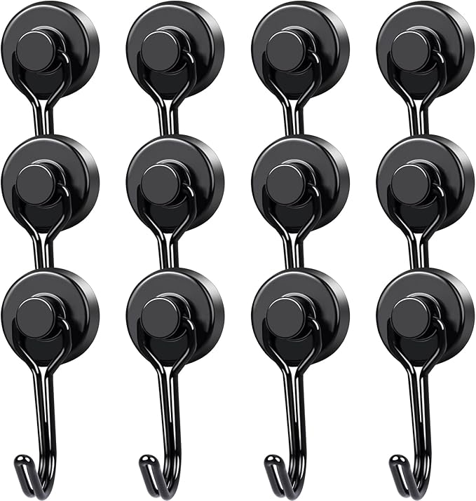 MIKEDE 12 Pack Magnetic Hooks, 40Lbs Heavy Duty Neodymium Magnet Hooks Black Magnetic Swivel Hooks for Hanging, Rust Proof Strong Magnets with Hook Magnetic Metal Hanger for Toolbox, Storage