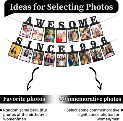 Pre-strung Awesome Since 1996 Photo Banner Birthday Decorations for Her Him- Black Glitter 30th Birthday and Anniversary Decorations Party Supplies for Women Men