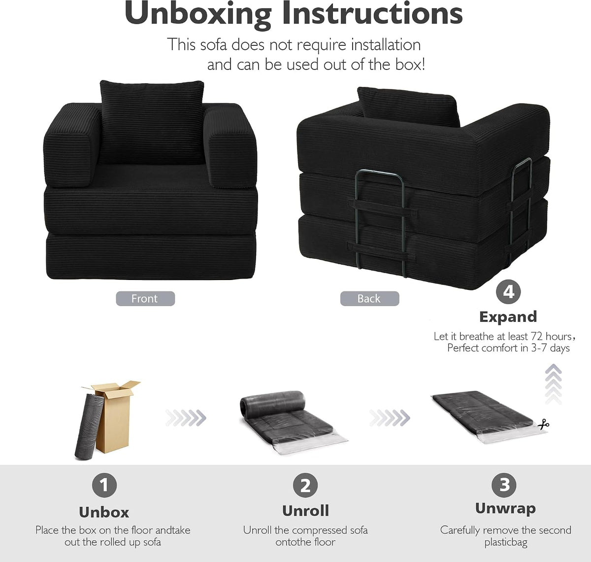 37.4in Convertible Sofa Bed, Corduroy Couch Bed, Futon Sleeper Sofa Pull Out Bed, Foldable Couch for Living Room Apartment, No Assembly Required