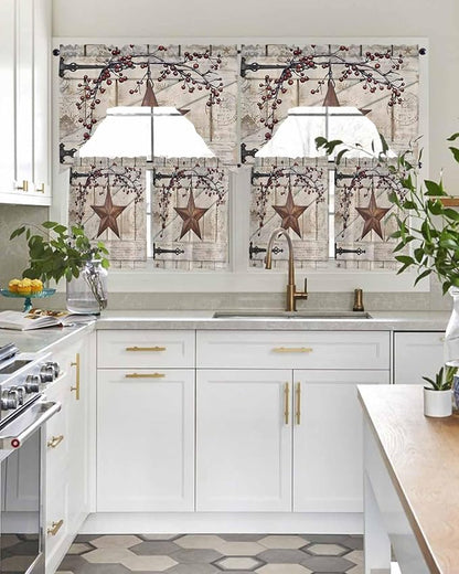 Village Stars Swag Kitchen Curtains Valance and Tier Set, Vintage Rust Yellow Star Berry Beige Barn Doors Light-Filtering Swag Valance 36 Inch Length, Rod Pocket Short Curtain for Bedroom Cafe