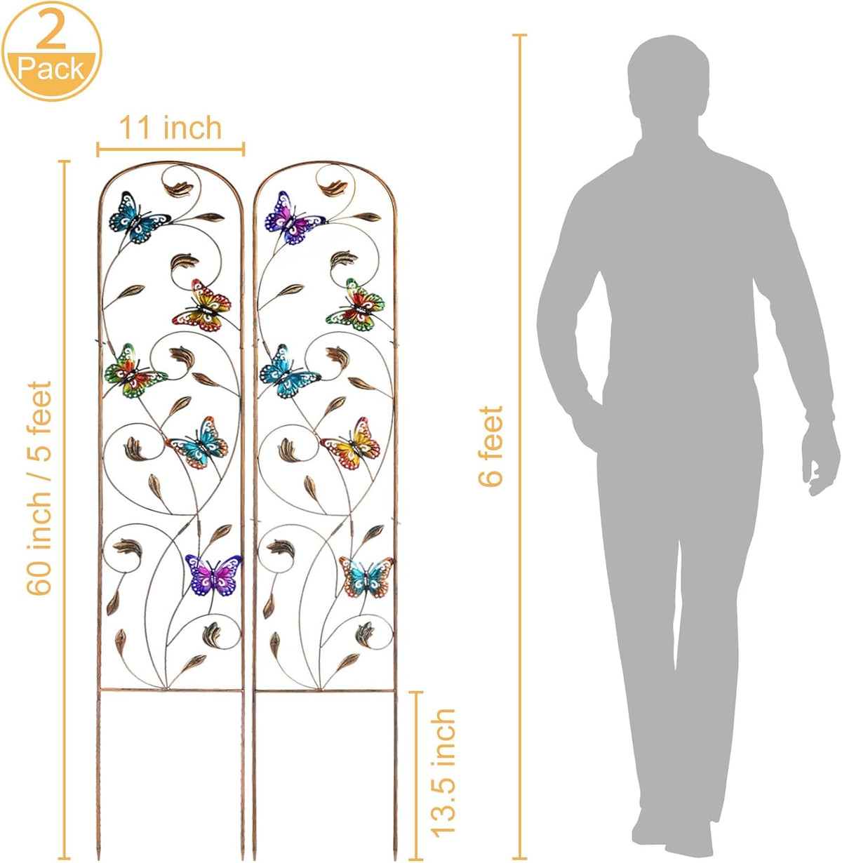 LEWIS&WAYNE 2 Pack Metal Garden Trellis with Colorful Butterfly 60 Inch High Outdoor Decoration Arched Fence Trellis for Climbing Plants for Patio, Lawn, Yard, Backyard, Wall Brackets