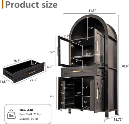 71" Tall Arched Kitchen Pantry with Glass Door, Farmhouse Storage Cabinet with Adjustable Shelves & Barn Door for Kitchen, Living Room, Dining Room, Black