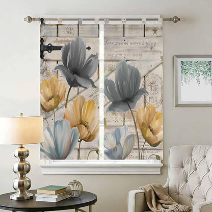 Spring Tulips Flower Bedroom Curtains 72 Inch Length, Window Curtains Tab Top, Vintage Floral Barn Doors Rustic Beige Light Filtering Window Treatments Drapes 52"x72" 2 Panel