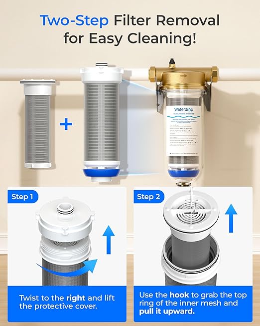 Waterdrop Mega Spin Down Sediment Filter, Upgraded Reusable Backwash Whole House Water Filter System for City/Well Water, 500 Micron+200 Micron,1" MNPT + 3/4“FNPT, BPA Free