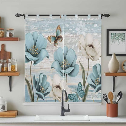 Spring Floral Bathroom Curtains 63 Inch Length, Window Curtains Tab Top, Vintage Tulips Flower Butterfly Retro Wood Blue Light Filtering Window Treatments Drapes 52"x63" 2 Panel
