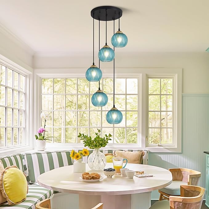 KCO Lighting Modern Blue Glass Chandelier Globe Cluster Pendant Light Black and Gold Kitchen Pendant Lighting Nordic Ribbed Glass Pendant Light Large Round Chandelier