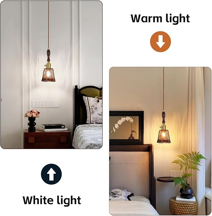 Brown Glass Vintage Pendant Light 4.33" Handmade Glass Pendant Lights Kitchen Island Gold Hanging Light Fixture for Bedroom Dining Room Hotel (2 Pack)