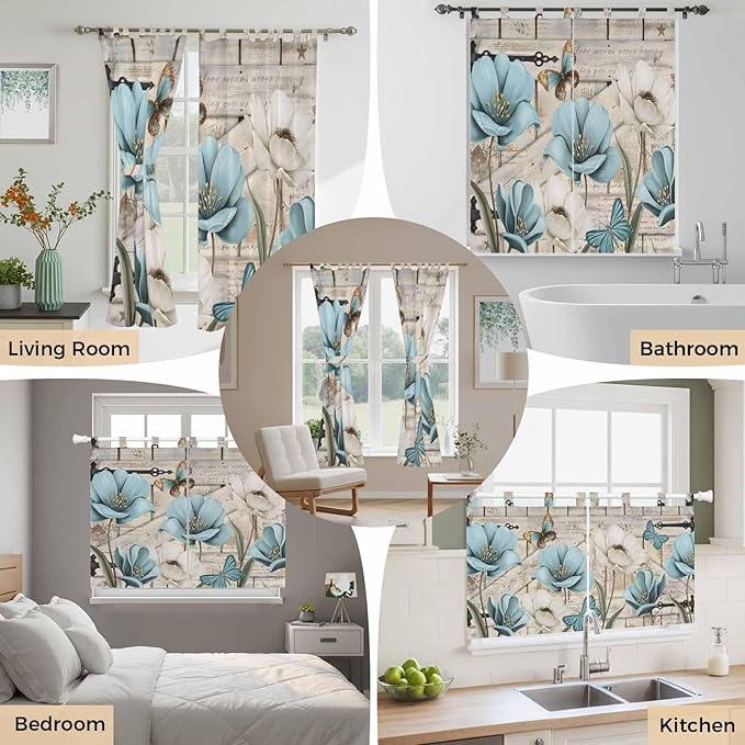 Teal Blue Tulips Bedroom Curtains 72 Inch Length, Window Curtains Tab Top, Spring Floral Barn Doors Vintage Wood Beige Light Filtering Window Treatments Drapes 52"x72" 2 Panel
