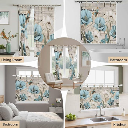 Teal Blue Tulips Living Room Curtains 84 Inch Length, Window Curtains Tab Top, Spring Floral Barn Doors Vintage Wood Beige Light Filtering Window Treatments Drapes 52"x84" 2 Panel