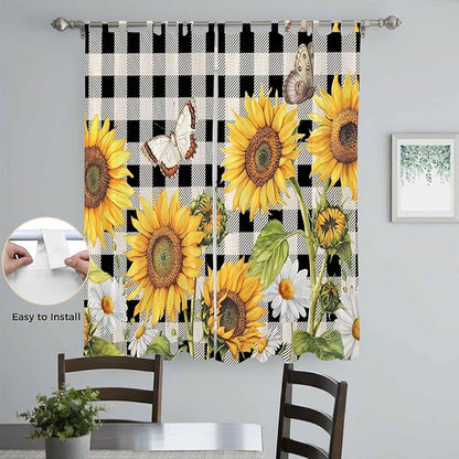Sunflowers Living Room Curtains 96 Inch Length, Window Curtains Tab Top, Yellow Flowers Butterfly Farmhouse Black Plaid Light Filtering Window Treatments Drapes 52"x96" 2 Panel