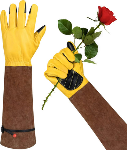 Long Gardening Gloves for Women Thorn Proof,Rose Pruning Cowhide Leather Garden Gloves for Cactus, Rose and Blackberry