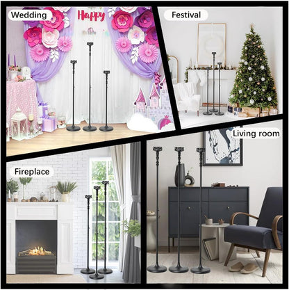 3Pcs Matte Black Floor Candle Holders Centerpieces for Pillar Candles | Adjustable Height,Halloween Metal Candlestick Set,Wedding Party Home Ceremony Mantel Fireplace Decorations