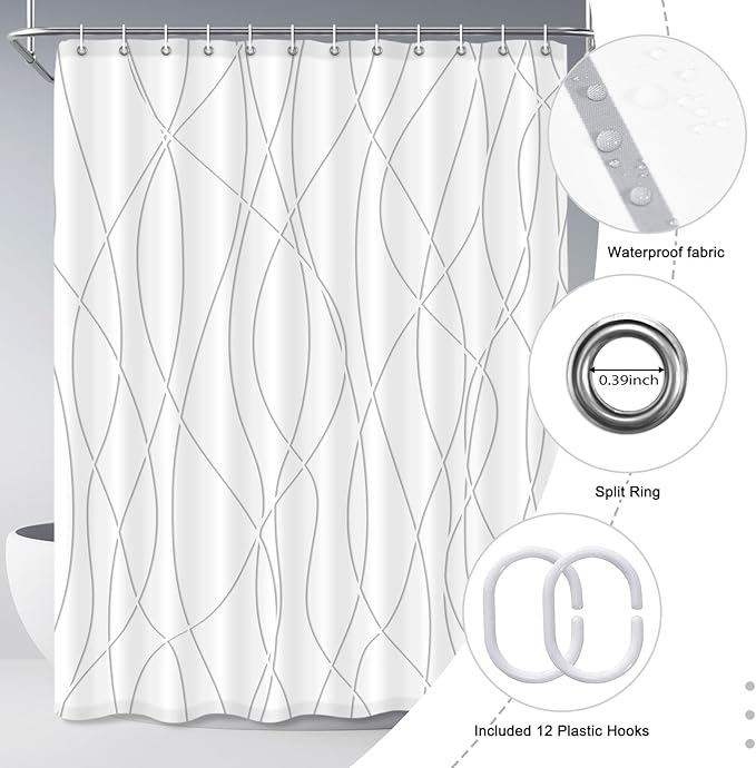 Punkray Grey Shadow Shower Curtain for Bathroom with Hooks, Extra Long Shower Curtain Set Stripe Bath Curtains Decor White Shower Curtains Weighted Hem Washable, 72 x 84