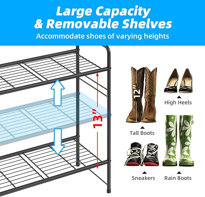 3 Tier Shoe Rack for Closet, 46.5 Inch Extra Long Shoe Storage Organizer for Shelves, Heavy Duty Metal, Easy Assembly, Black