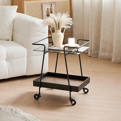 2 Tier Side Table with Wheels End Tables with Storage Shelf Storage Cart with Glass Top Small Coffee Table for Home Solid Construction