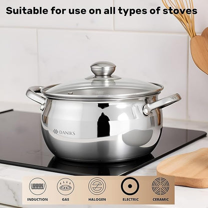 Daniks Classic Stainless Steel Stock Pot with Glass Lid – Induction 4 Quart, Dishwasher Safe, Measuring Scale, For Soup, Pasta, Stew, Silver