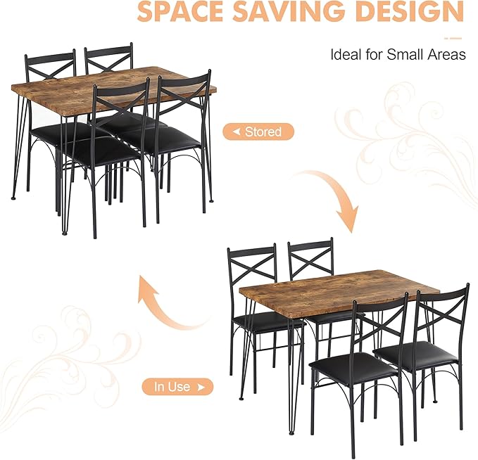 VECELO Kitchen Dining Room Table Set with 4 Chairs for Small Space, Apartment,Metal Steel Frame
