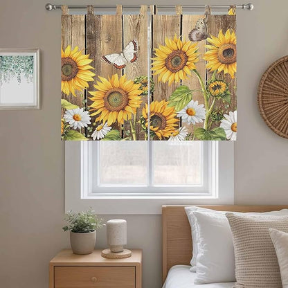 Farmhouse Sunflowers Kitchen Curtains 45 Inch Length, Short Cafe Window Curtains Tab Top, Rustic Floral Buttterfly Wood Board Brown Light Filtering Window Treatments Tier Drapes 27.5"x45" 2 Panel