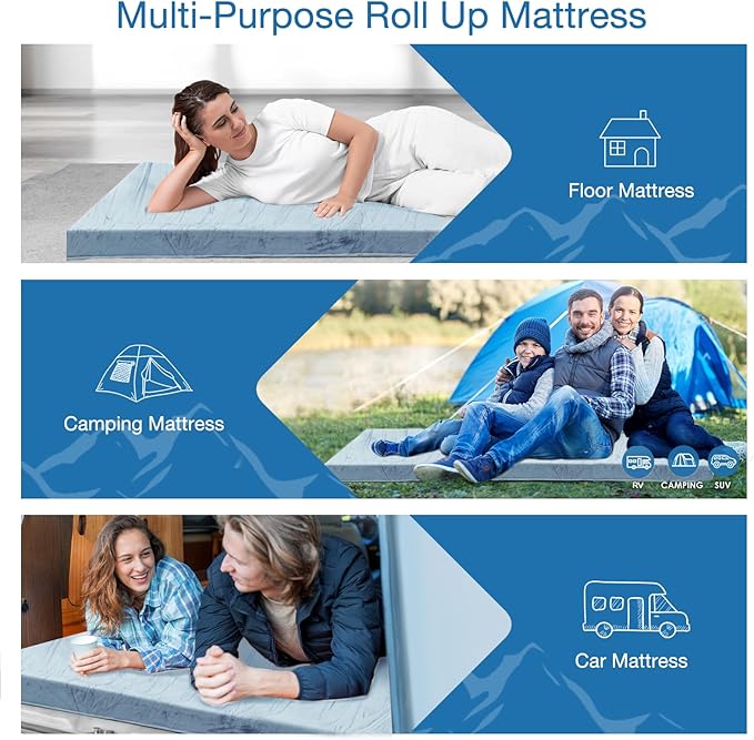 KingChii CertiPUR-US Memory Foam Camping Mattress, Portable Roll Up Travel Car Camping Mattress Sleeping Pad & Floor Mattress, Cot Mattress Guest Bed for Sleepover with Waterproof Cover & Travel Bag