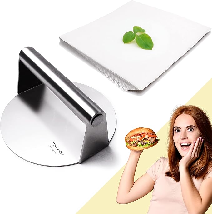 Meykers Burger Smasher 6.3" Smash Press Hamburger & 100 Patty Paper | for Griddle Grill Pan Skillet | Weight Gain Flat Presser Smashburger Maker 304 Stainless Steel | Meat Bacon Sandwich Tool Kit
