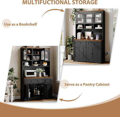 Garvee 71" Pantry Cabinet with Charging Station, Tall Kitchen Pantry Storage Cabinet with Microwave Stand, Farmhouse Kitchen Hutch with Storage Drawers for Living Room, Dining Room, Black