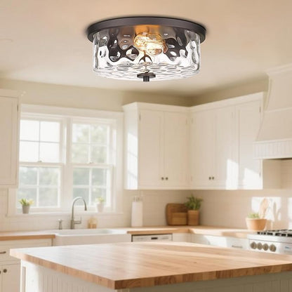 Indoor Flush Mount Lights, 2-Light Interior Hammered Glass Ceiling Fixture, Antique Bronze for Hallway, Dining Room, Kitchen