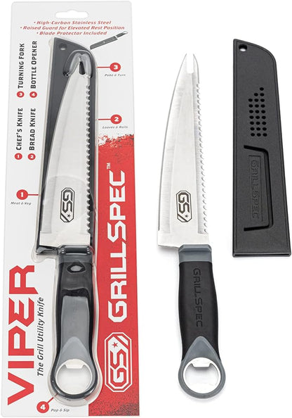 VIPER Grill Utility Knife - 8 inch High Carbon Stainless Steel Chef Knife Bread Knife Meat Turner Bottle Opener with Sheath Grilling Gifts for Dad Men