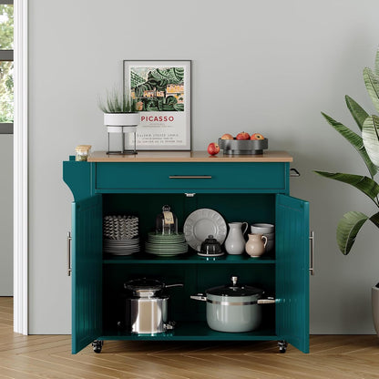 Kitchen Storage Island, Wooden Rolling Island On Wheels with Wood Top, Mobile Kitchen Island Cart with Towel Rack, Spice Rack and Drawers, Green