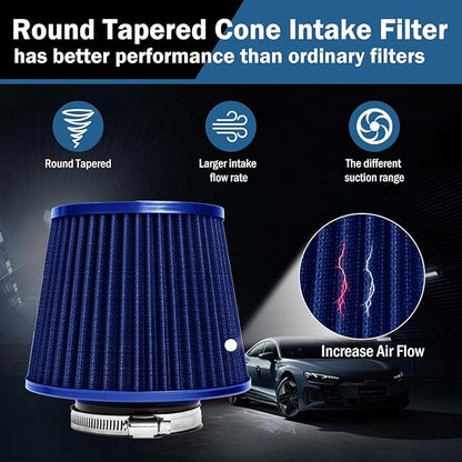 Universal Clamp-On Air Intake Filter, High Performance, Washable Filter, Replacement Air Filter, Flange Diameter 3inch/76mm (Blue)