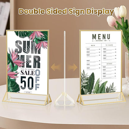 Acrylic Gold Sign Holders 4x6, 2 Pack Wedding Gold Table Number Holders, Double Sided Photo Display Picture Frame Paper Stand, Clear Flyer Stand Menu Holder for Wedding, Home, Party, Restaurant