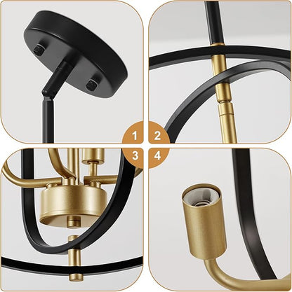 Modern Black and Gold Chandelier for Entryway, 4-Light Small Geometric Dining Room Light Fixture Over Table,Industrial Metal Hanging Pendant Lights for Kitchen Island, Staircase,Foyer
