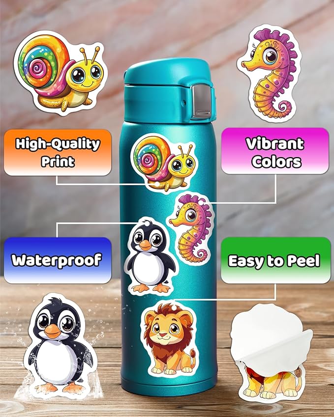 JCFIRE 200PCS Stickers for Kids, Waterproof Cute Mixed Animal Food Vinyl Scrapbook Stickers for Water Bottle, Book, Laptop, Goodie Bags Stuffers Kids Party Favors, Classroom Supplies Must Haves