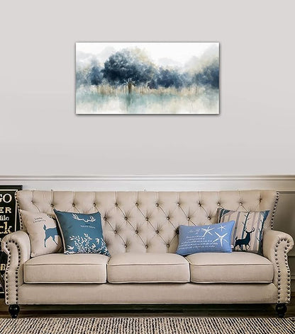 Foggy Forest Canvas Wall Art - Indigo Blue Abstract Trees Pictures for Wall Decor Nature Canvas Painting Modern Printing Artwork for Living Room Bedroom Home Office Wall Decoration 20" x 40"