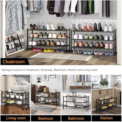 Long Shoe Rack, 3-Tier Bamboo Stackable Shoe Shelf Storage Organizer, Shoe Stand for Closet, Entryway and Hallway