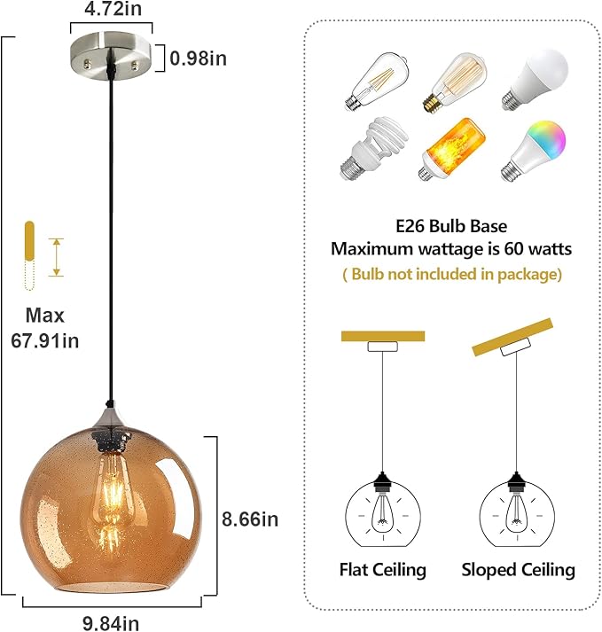 Amber Glass Pendant Lights Kitchen Island Globe Pendant Light Fixtures Modern Pendant Lighting for Bedroom Living Dining Room Light Fixture (9.84 in, 3 Pack)